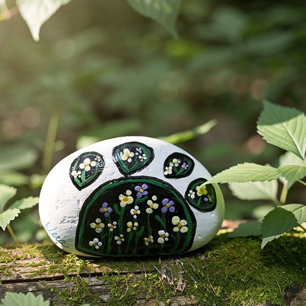 Hand crafted painted floral paw rock white background stone 3x1.5 inch approx - Picture 3 of 13